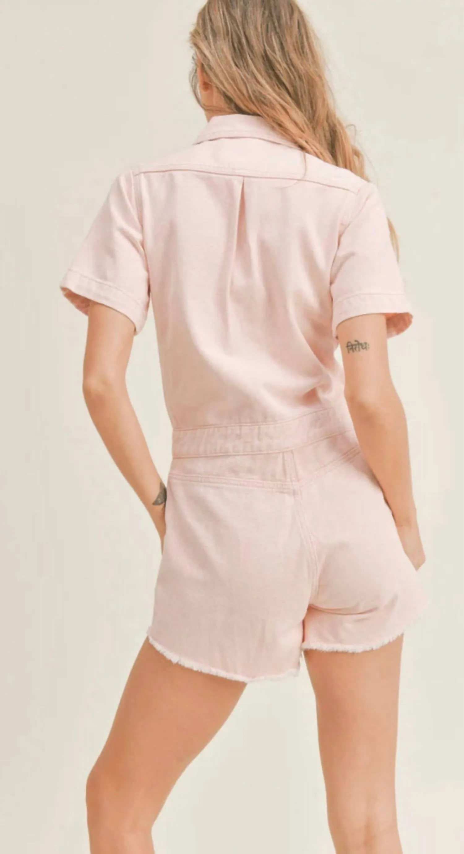 Adventurer Denim Romper In Washed Pink