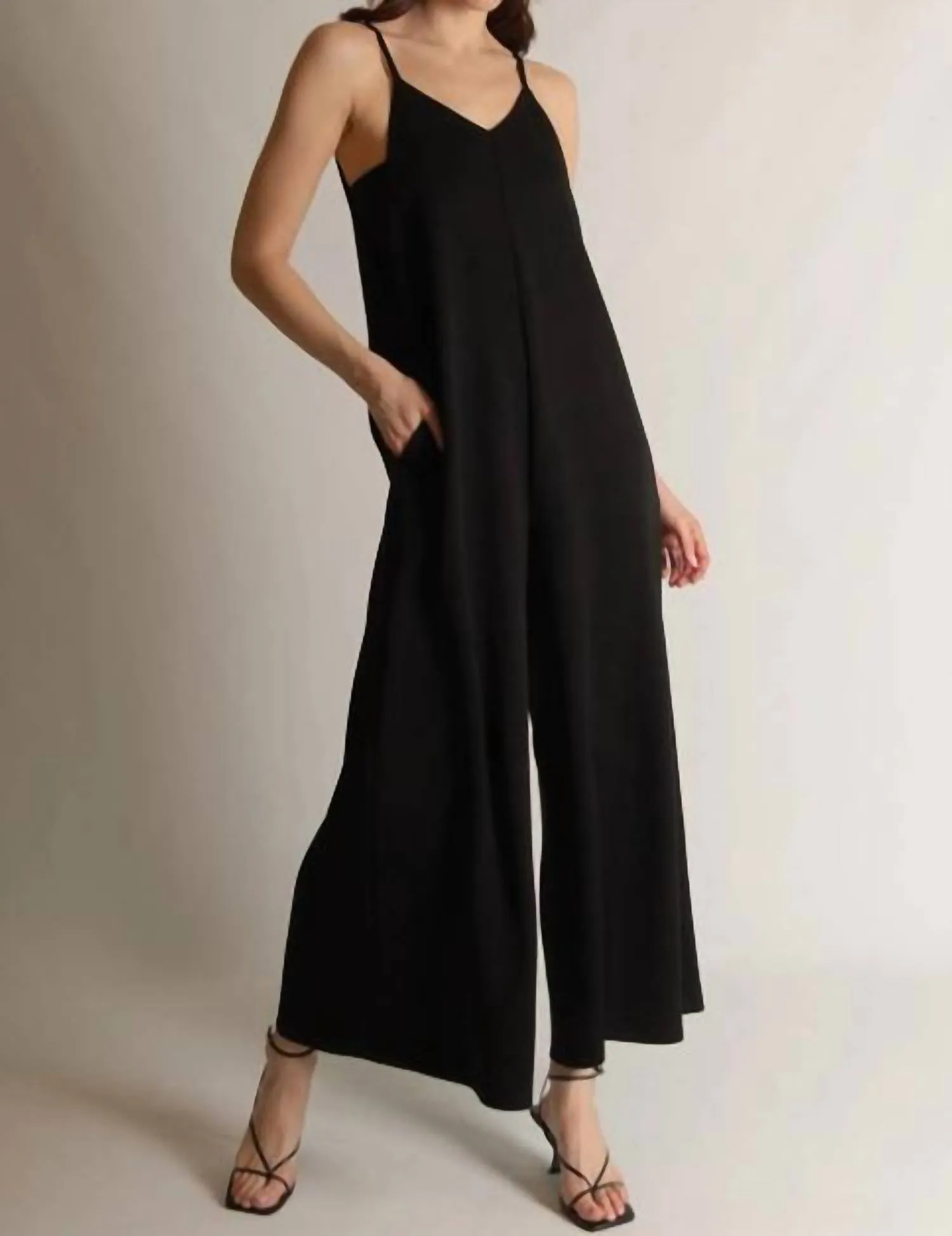 Buttermilk Collection V-Neck Wide Leg Jumpsuit In Black
