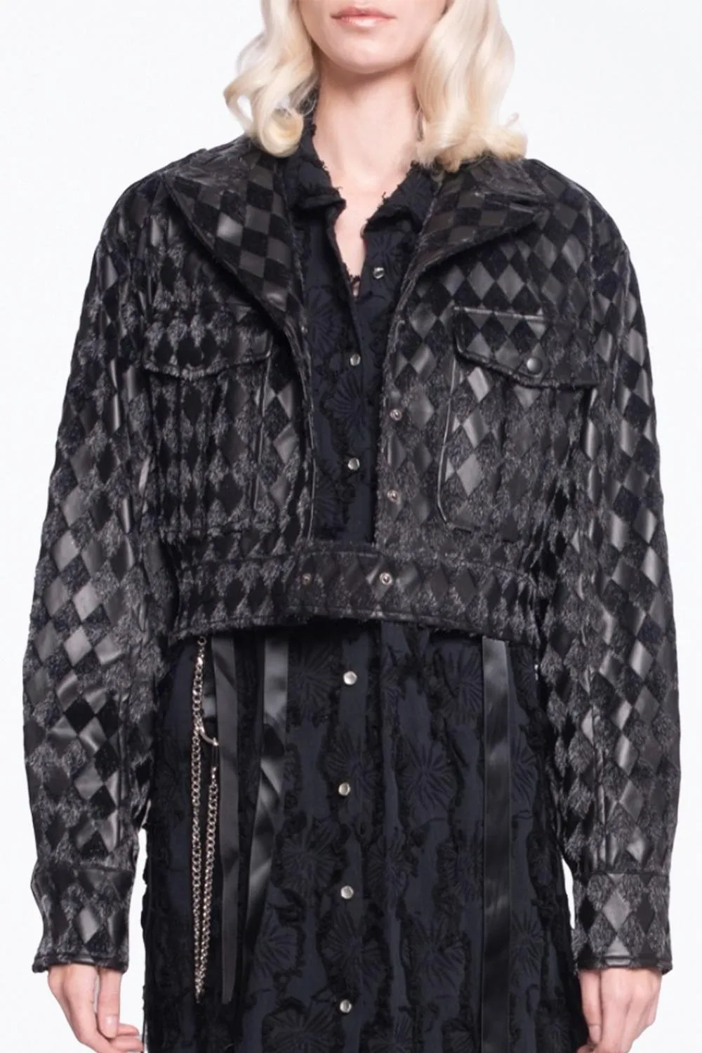 Checkmate Textured Vegan Leather Cropped Jacket In Black