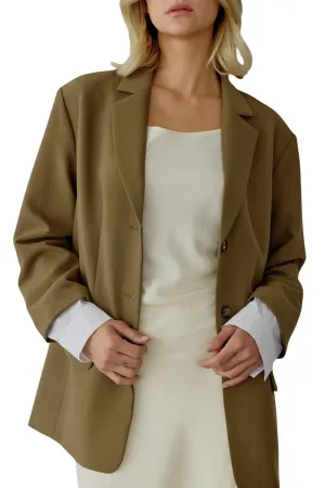 Classic Two Button Front Blazer With Contrasting Sleeve In Olive Brown