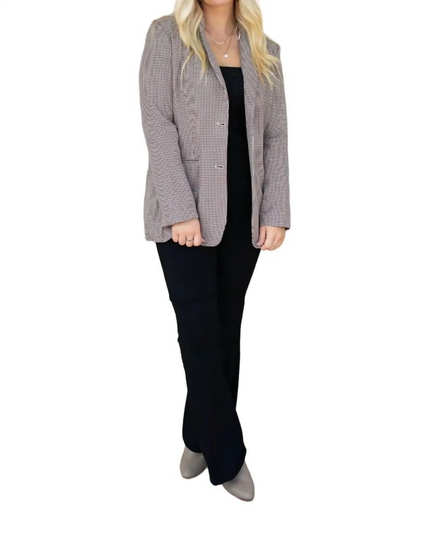 Cozy Plaid Blazer In Beige/black