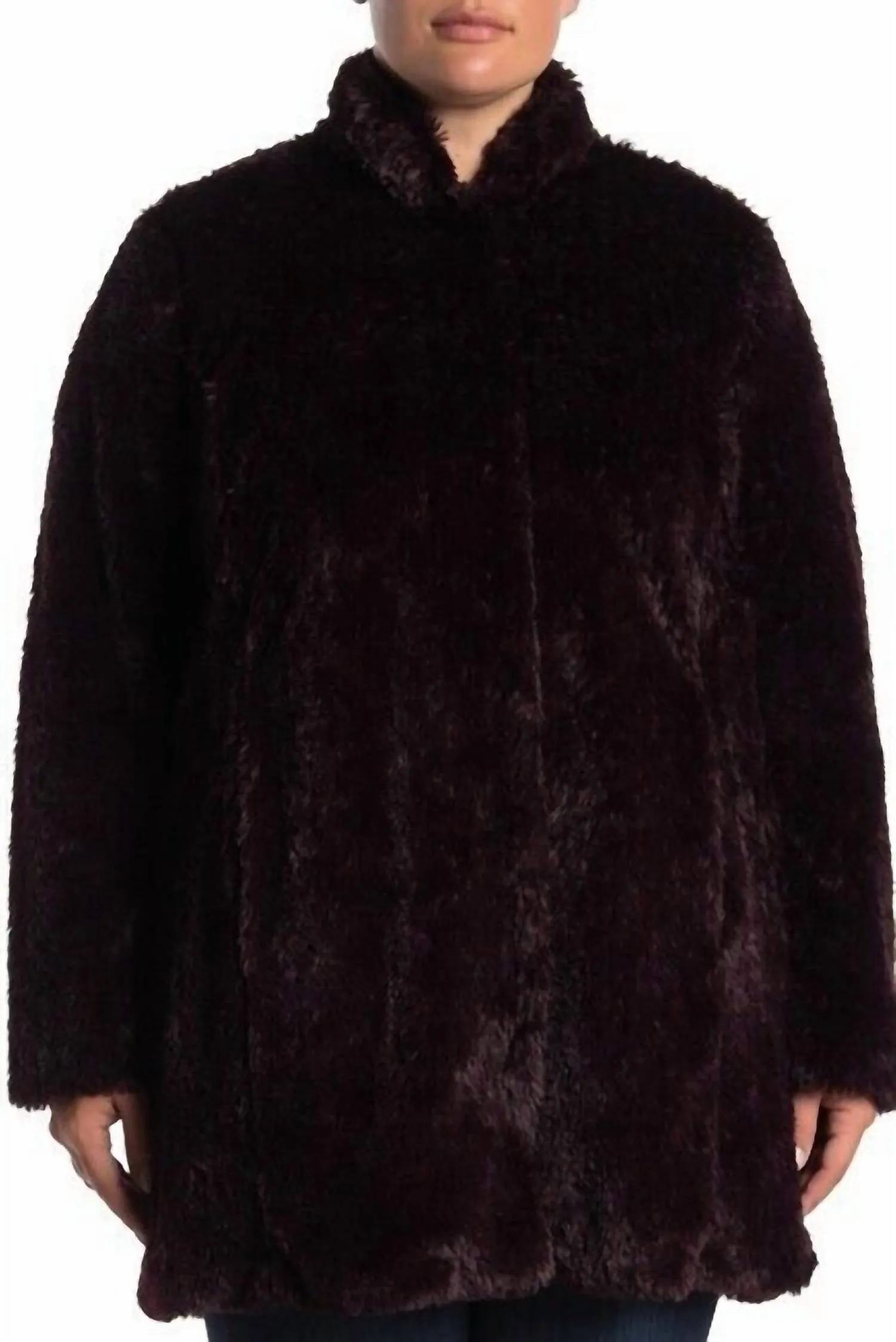 Faux Fur Teddy Coat Mid Length Jacket In Burgundy