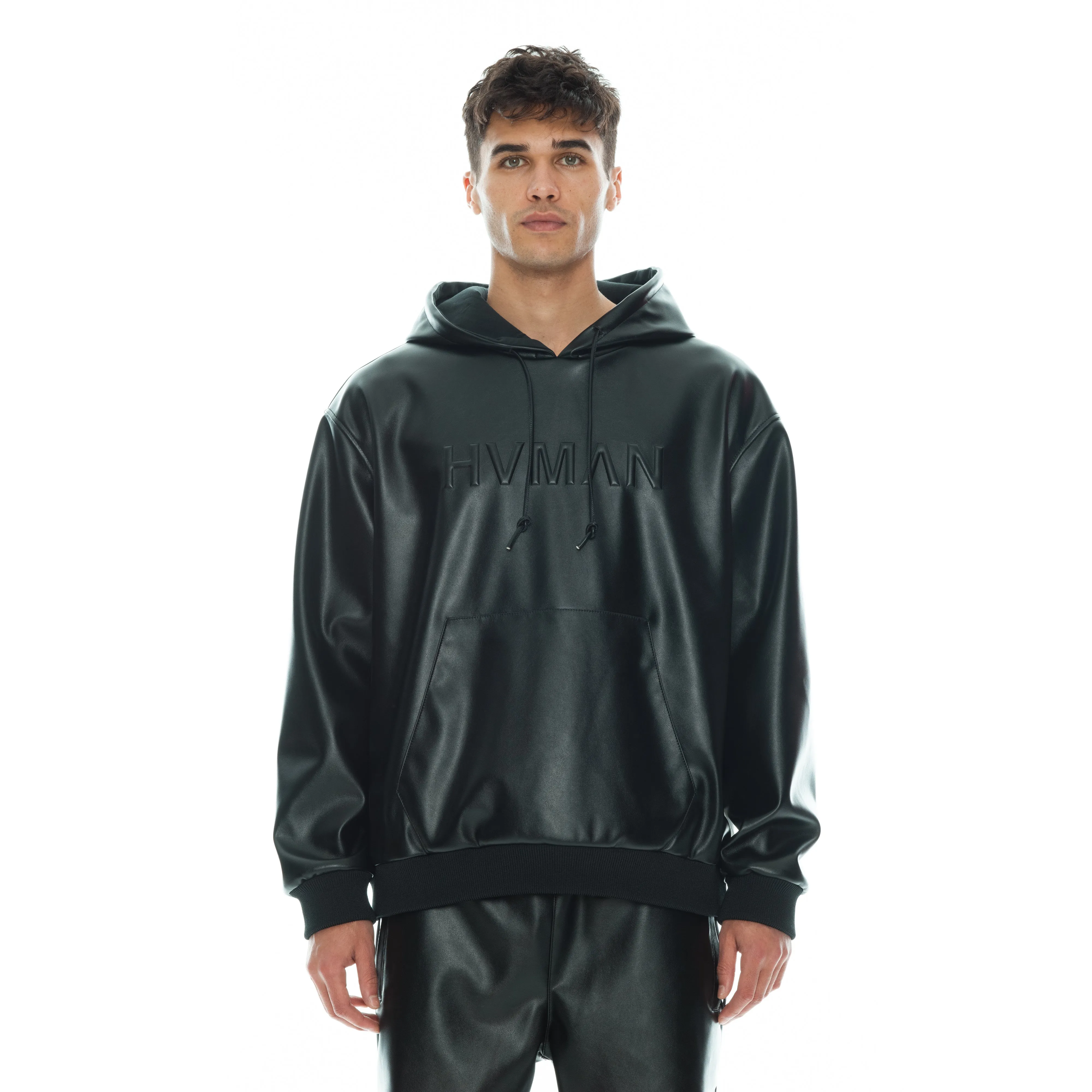 Faux Leather Pullover Sweatshirt In Black