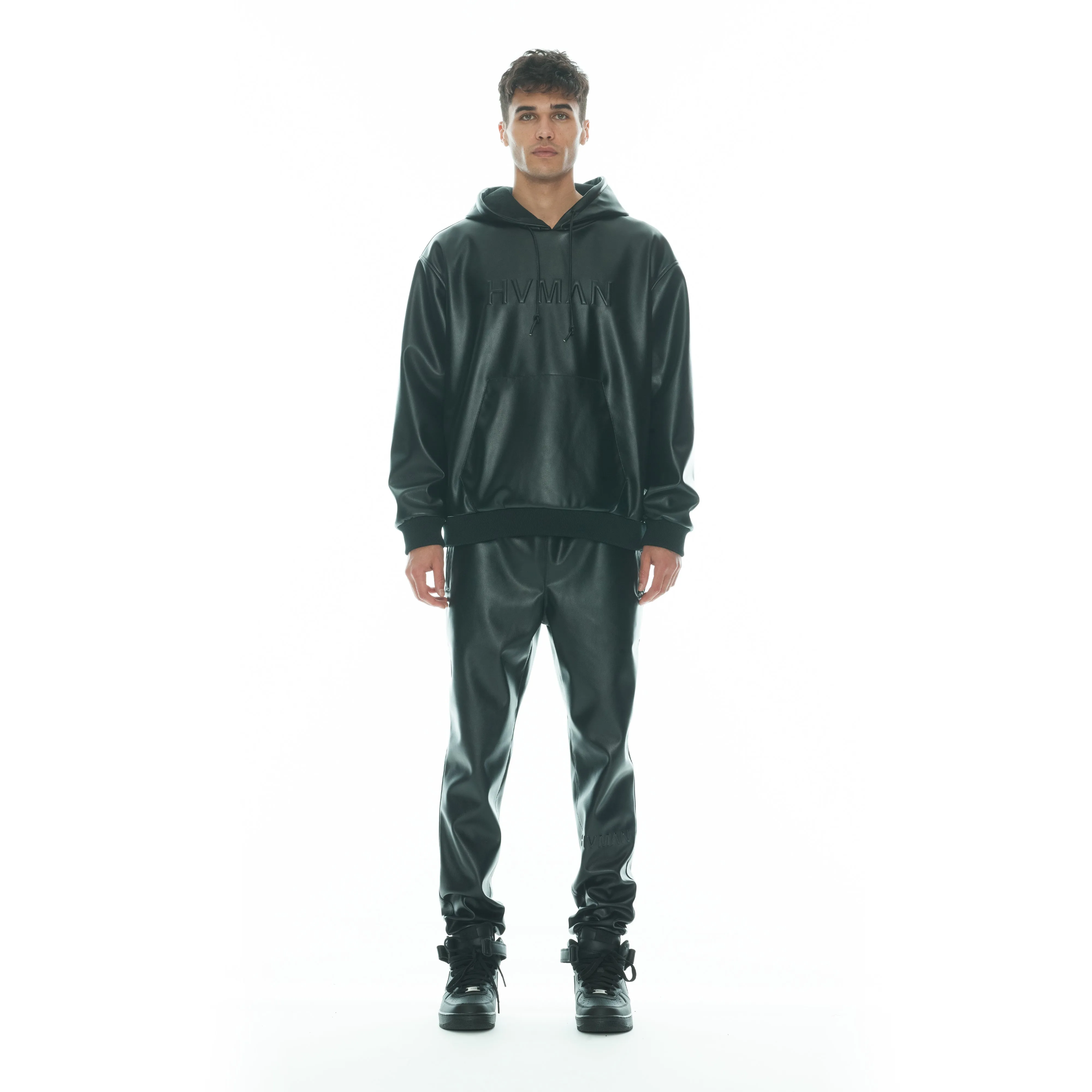 Faux Leather Pullover Sweatshirt In Black