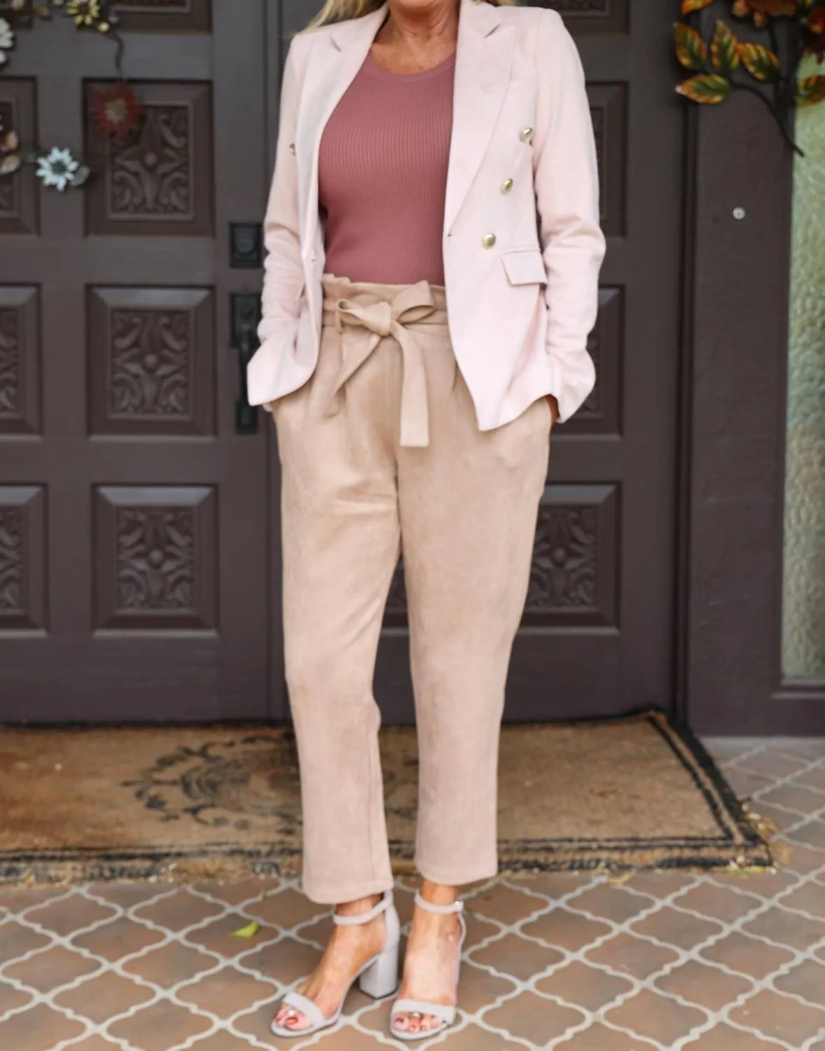 Faux Suede Double Breasted Blazer In Pale Pink