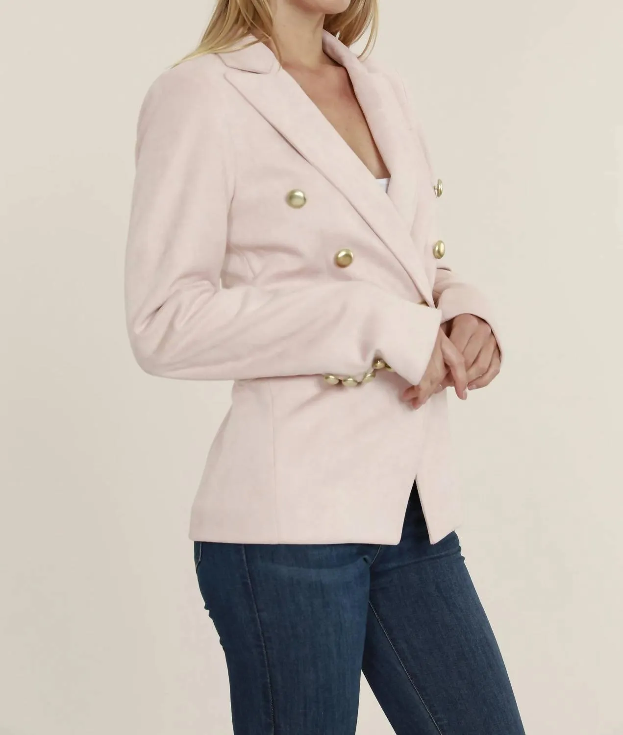 Faux Suede Double Breasted Blazer In Pale Pink