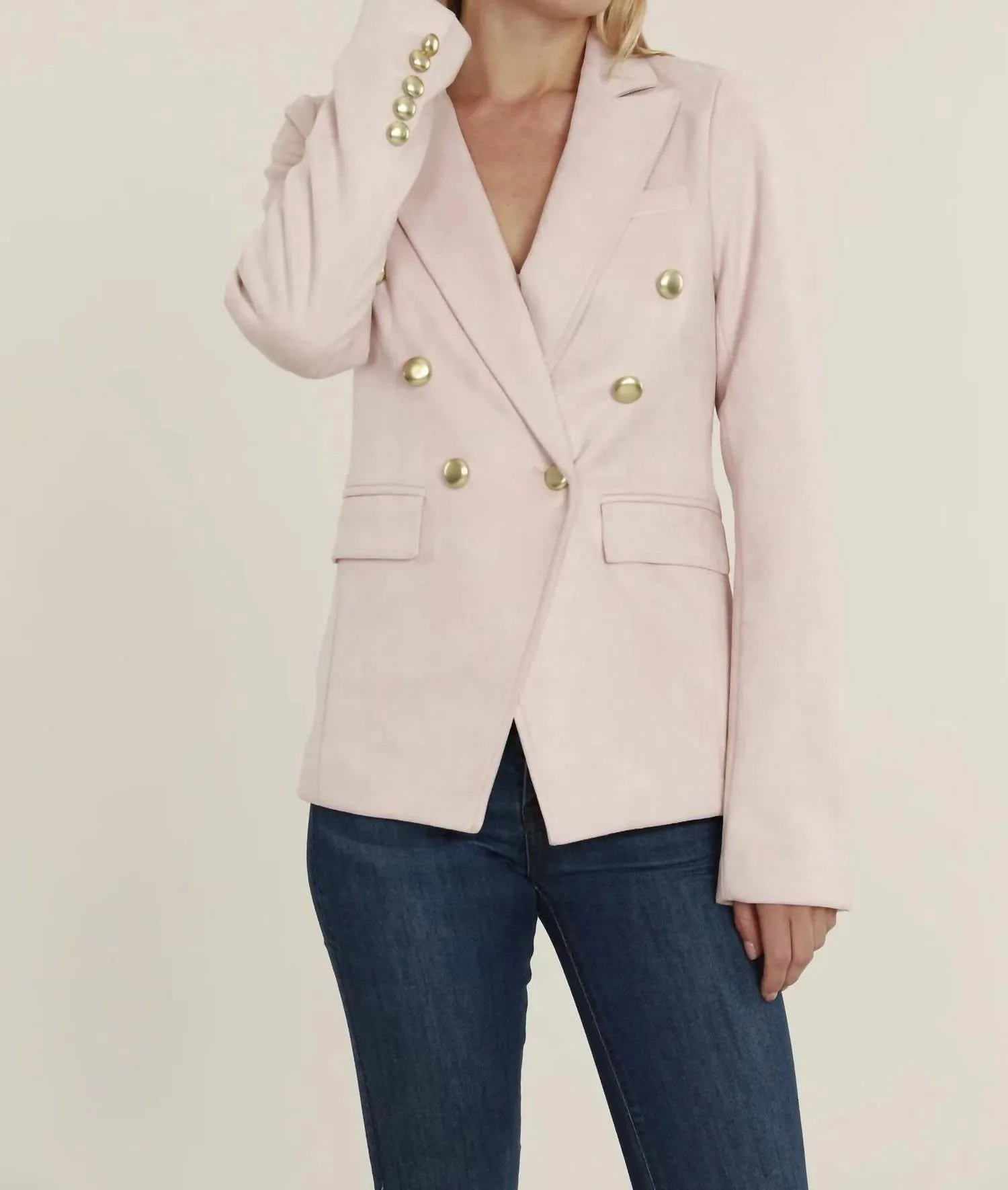 Faux Suede Double Breasted Blazer In Pale Pink