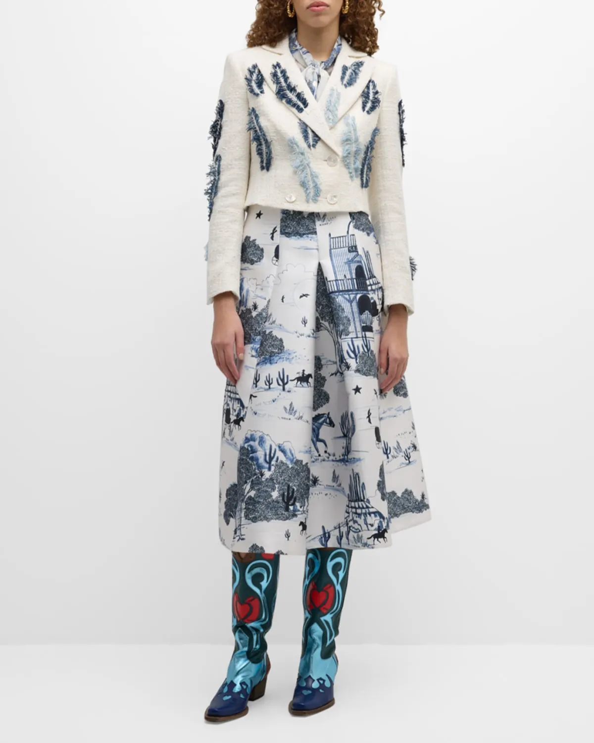 Feather Embroidered Cropped Blazer Jacket