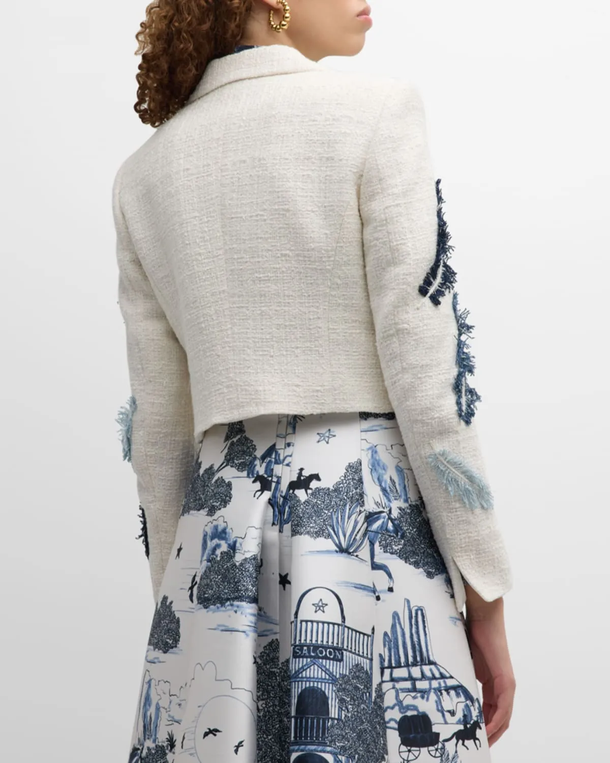 Feather Embroidered Cropped Blazer Jacket
