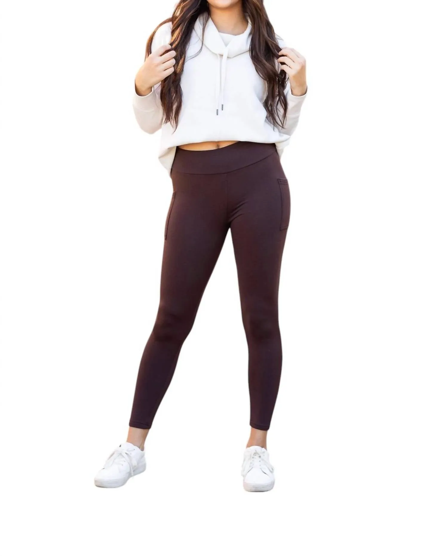 Fleece Full Length Leggings With Pockets In Brown