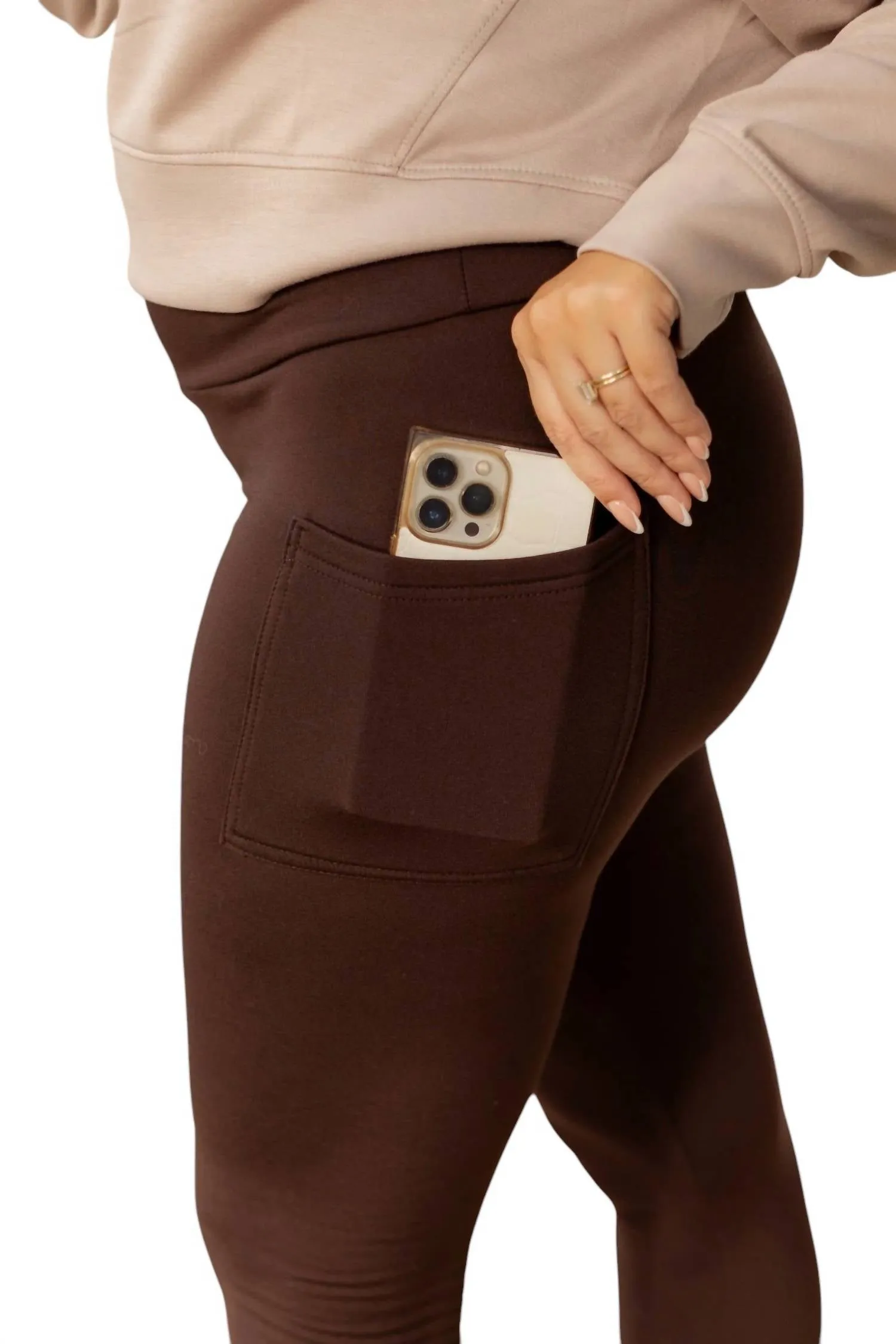 Fleece Full Length Leggings With Pockets In Brown