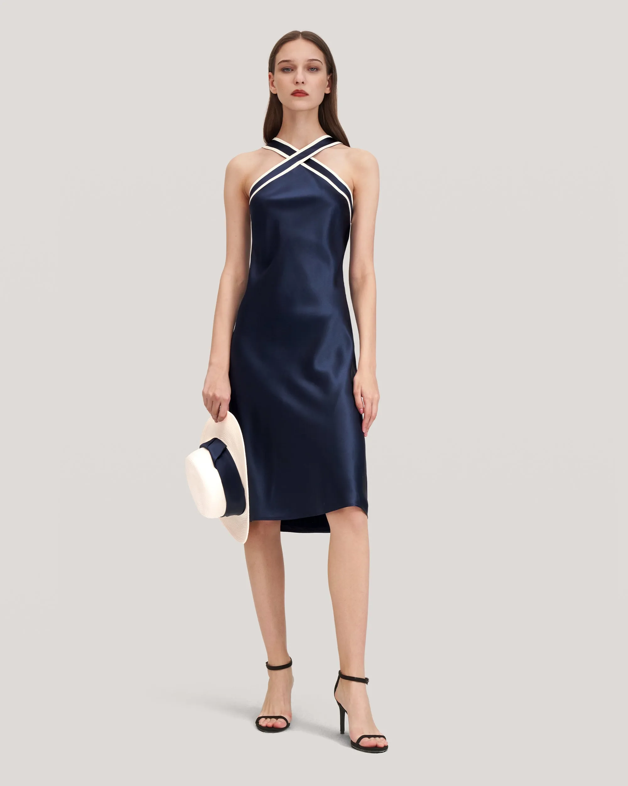 Glossy Camellia Silk Halter-Neck Dress for Women