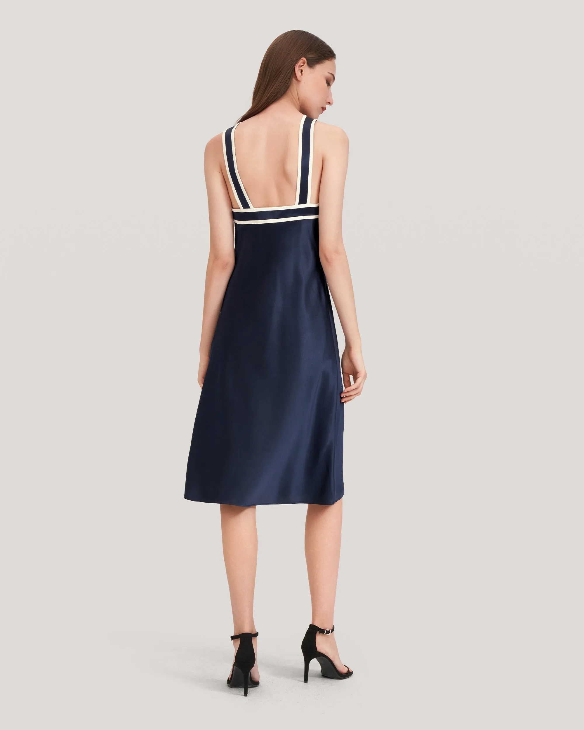 Glossy Camellia Silk Halter-Neck Dress for Women