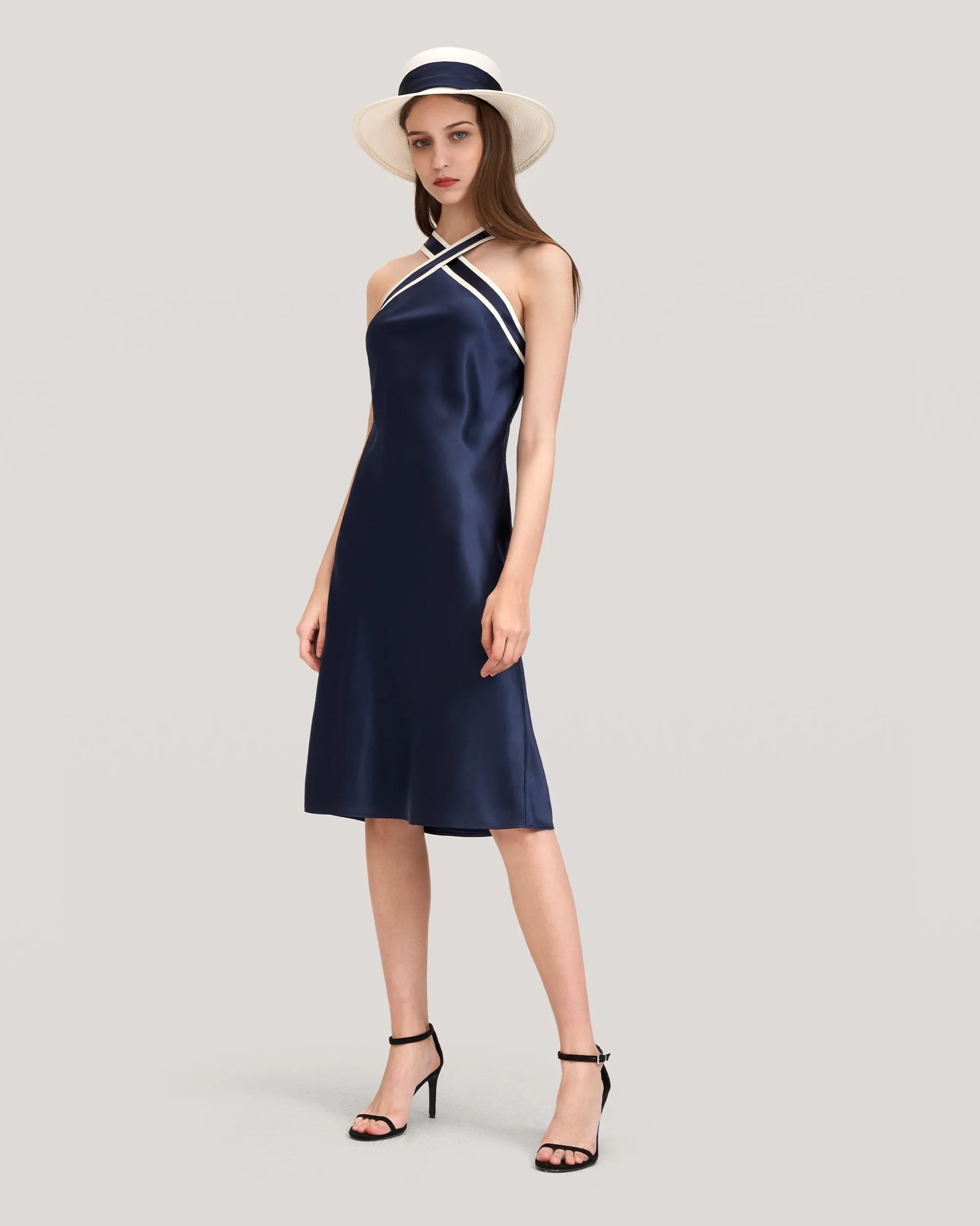 Glossy Camellia Silk Halter-Neck Dress for Women