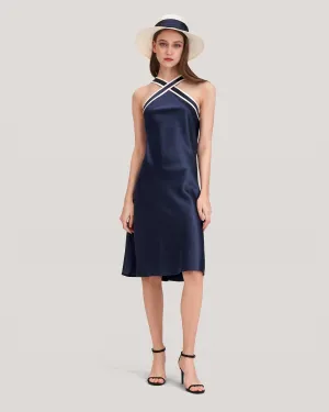 Glossy Camellia Silk Halter-Neck Dress for Women