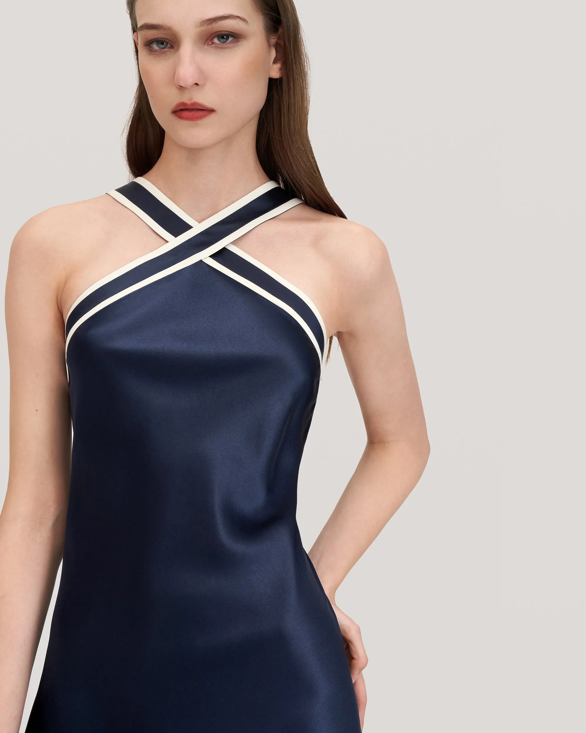 Glossy Camellia Silk Halter-Neck Dress for Women