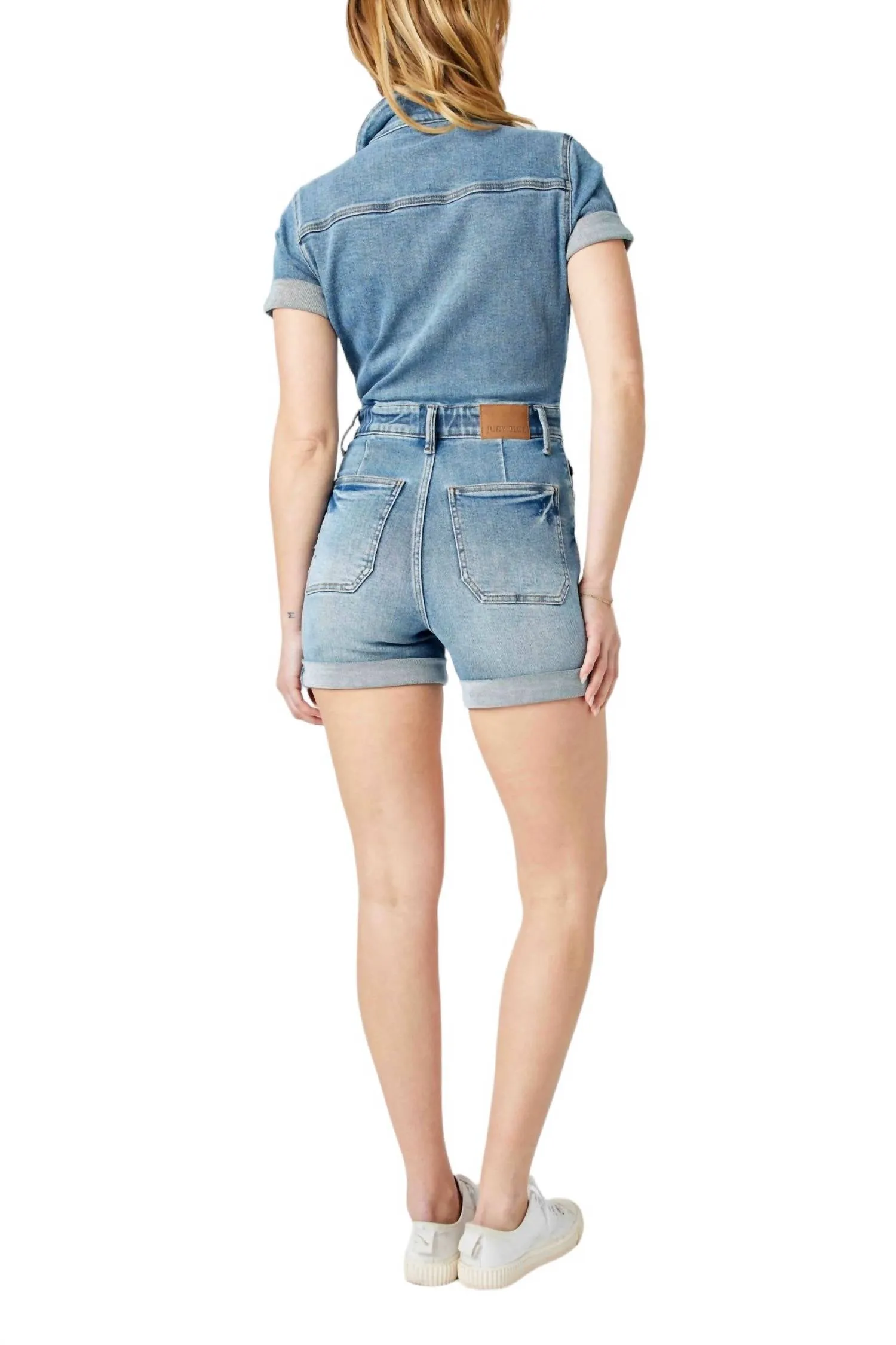 High Waist Short Sleeve Denim Romper In Blue Denim