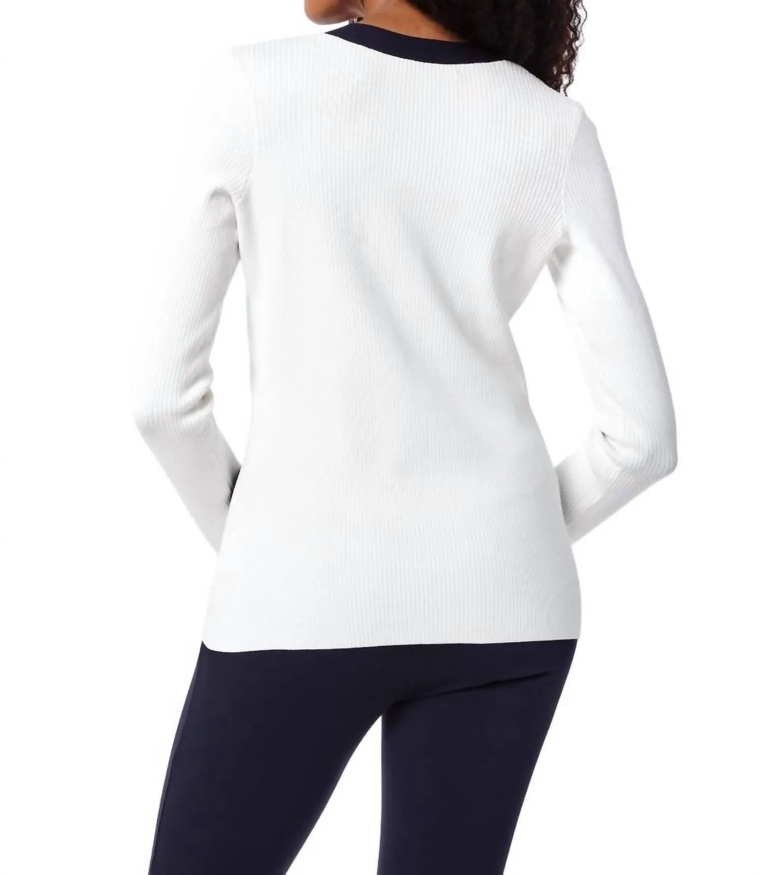 Hilda Sweater Blazer In White With Navy Trim