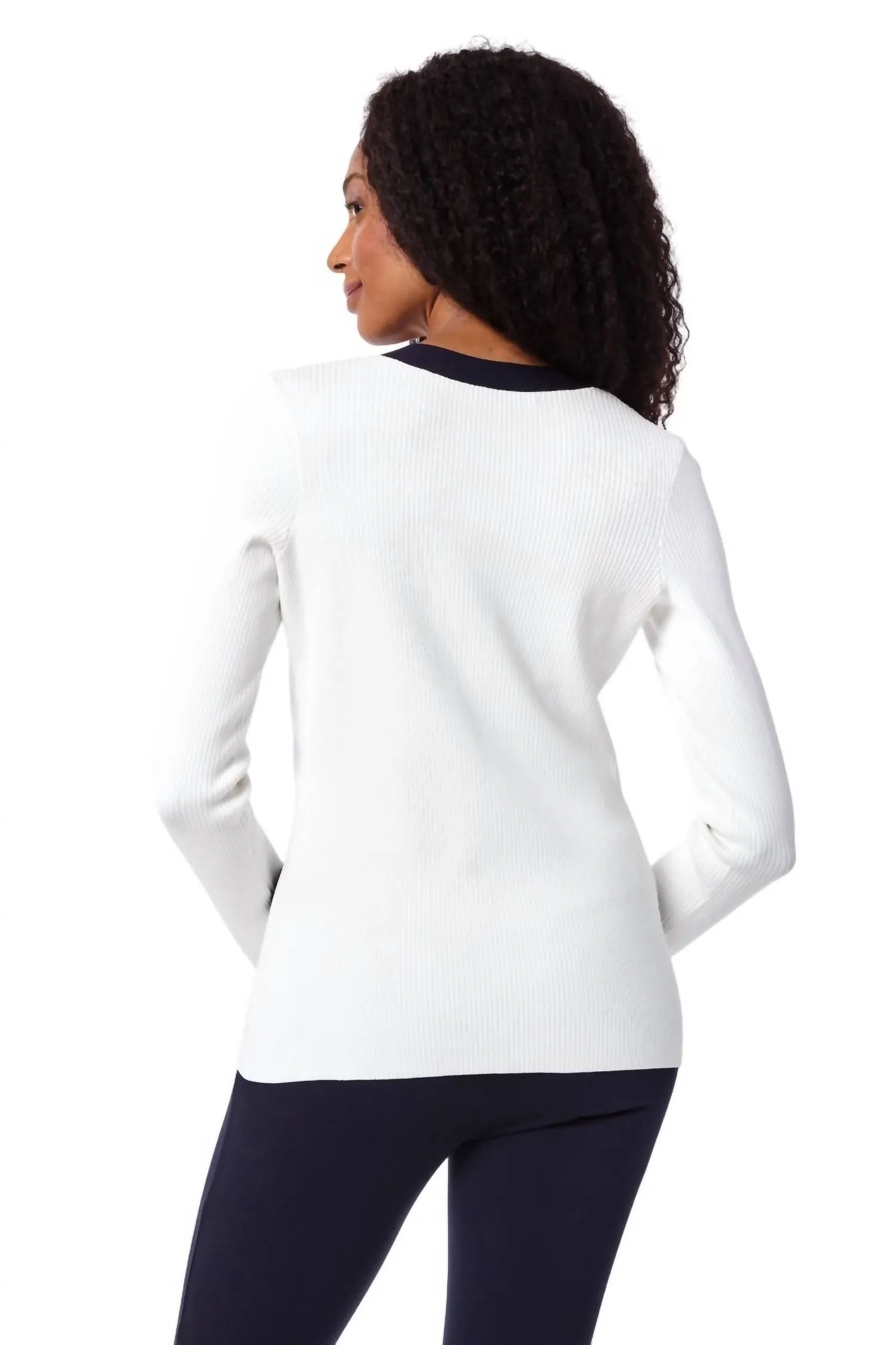 Hilda Sweater Blazer In White With Navy Trim