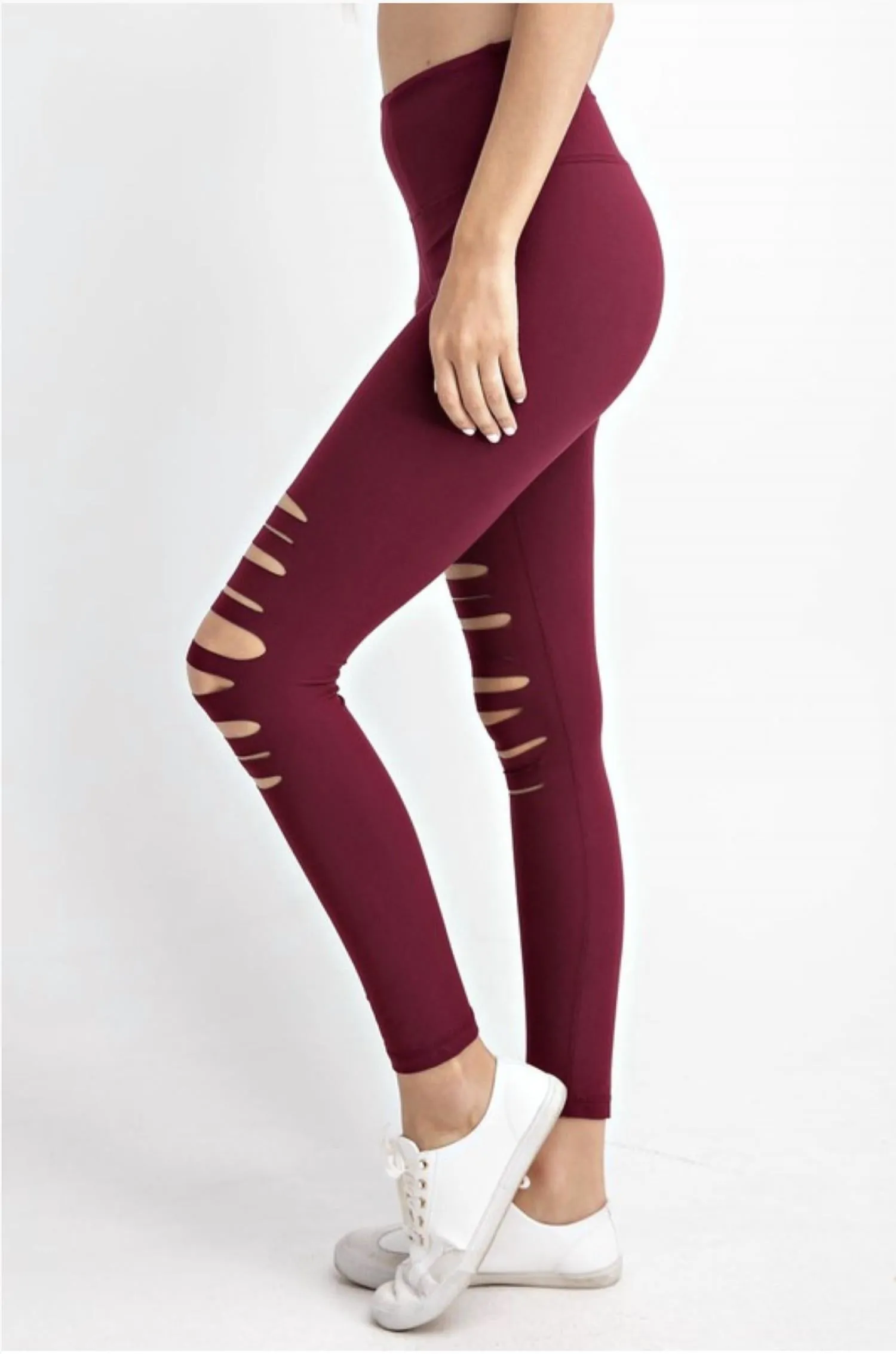 Laser Cut Wide Waist Band Leggings In Burgundy