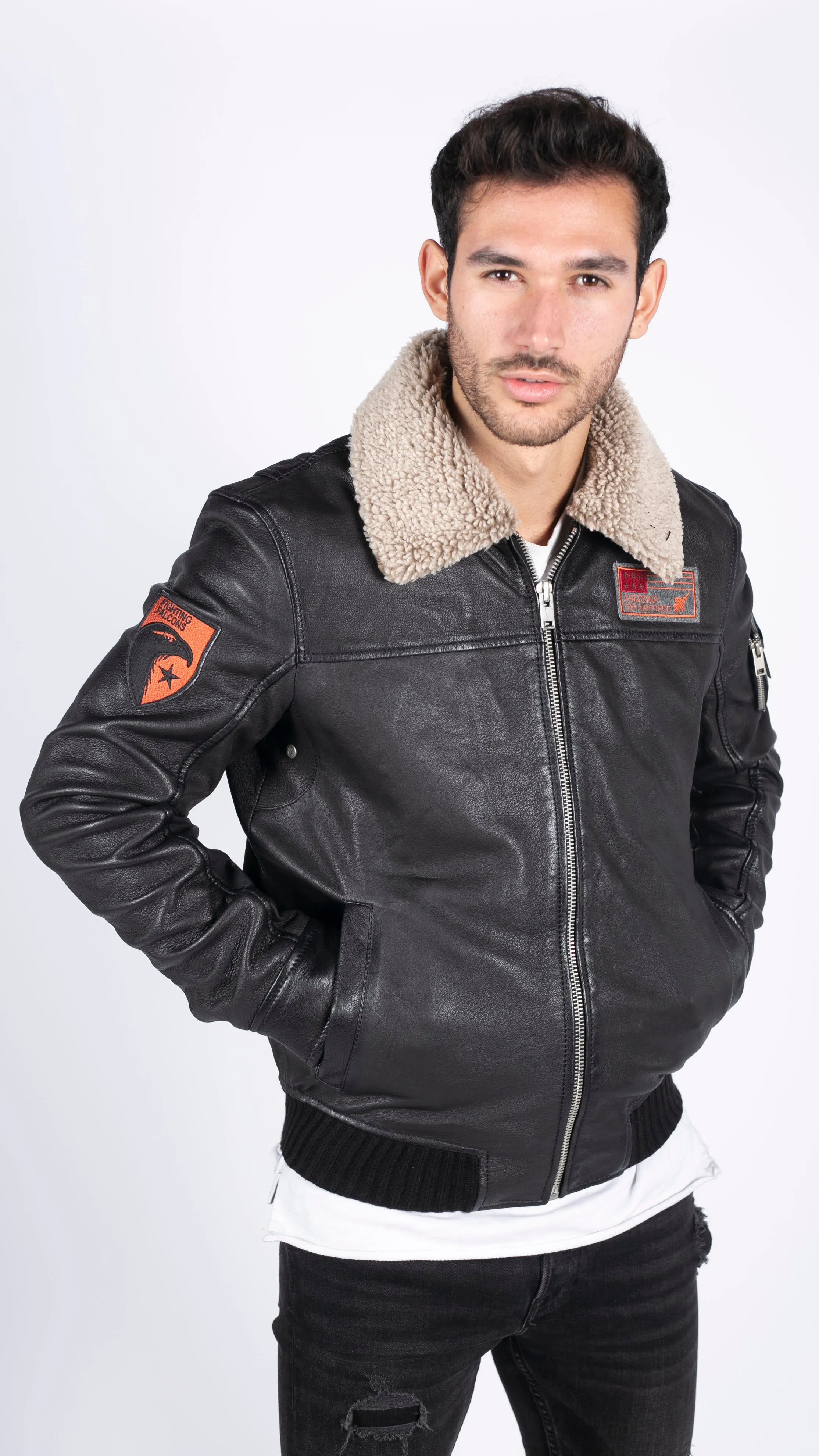 Leather Pilot Bomber Jacket With Collar