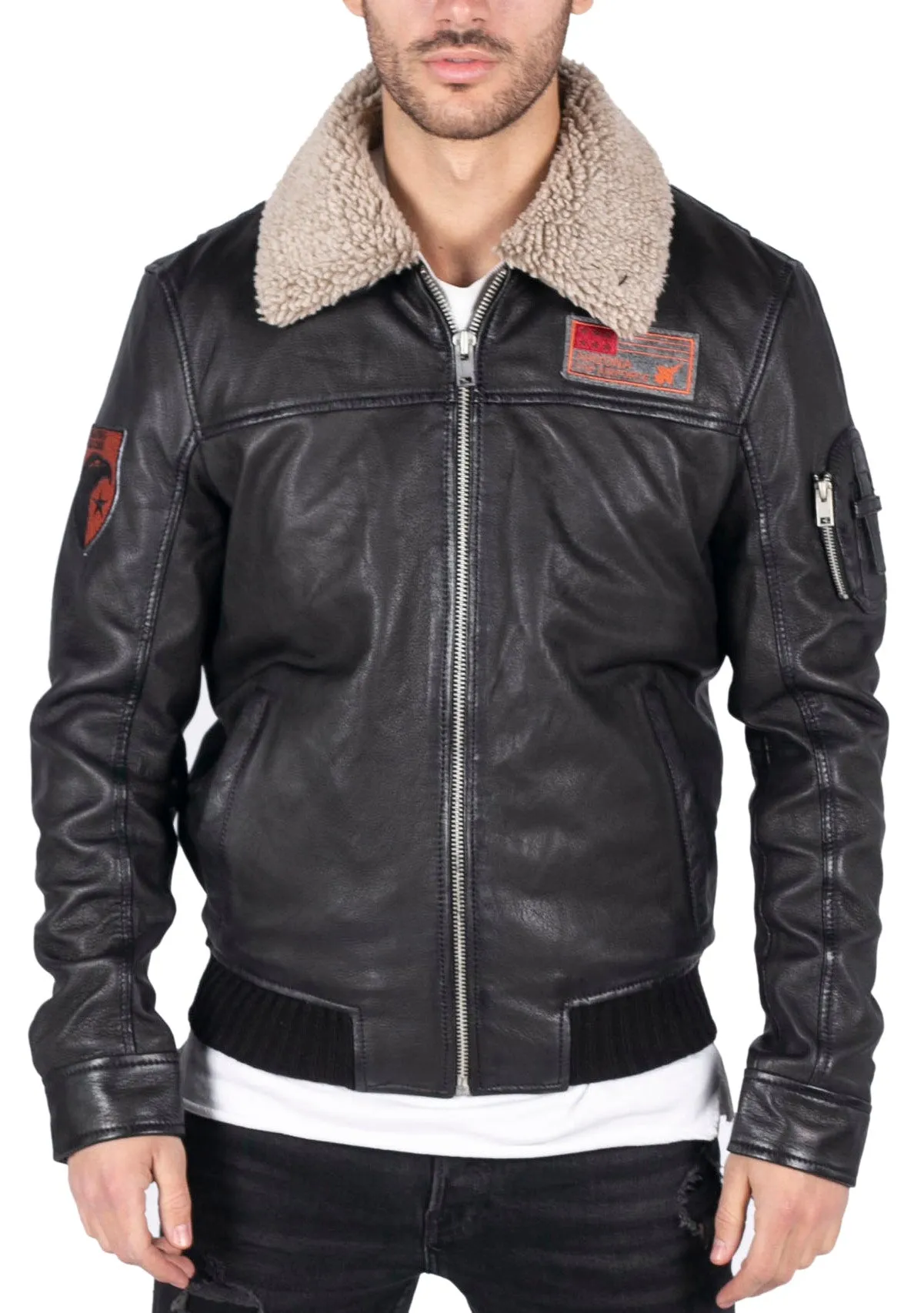 Leather Pilot Bomber Jacket With Collar