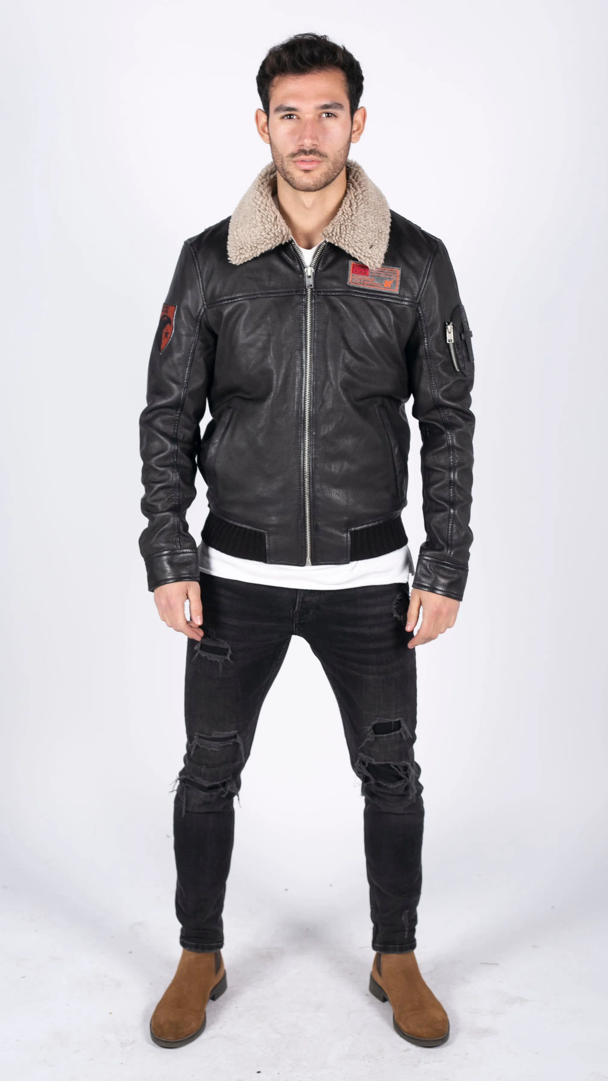 Leather Pilot Bomber Jacket With Collar