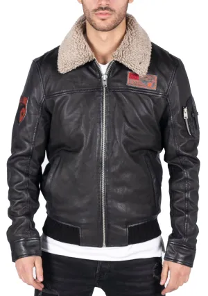 Leather Pilot Bomber Jacket With Collar