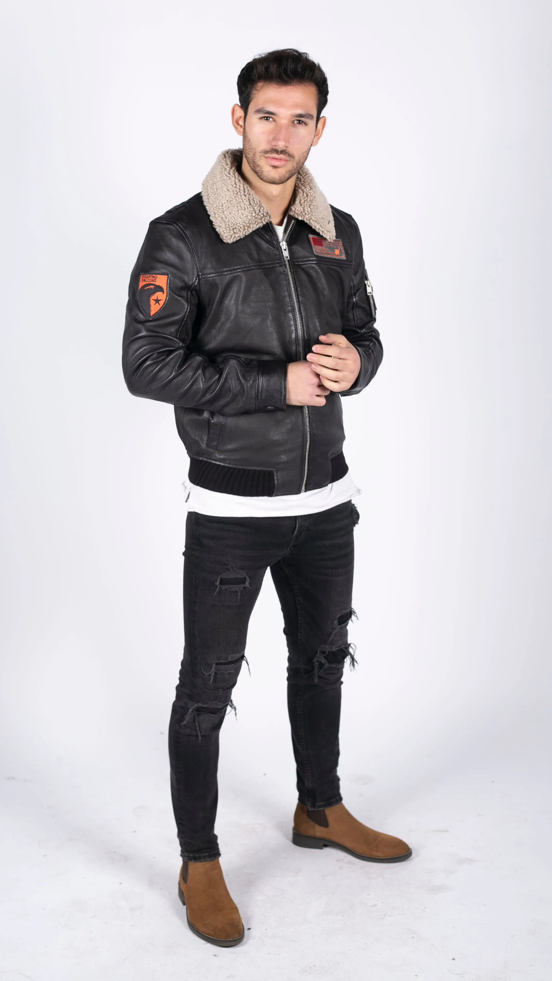 Leather Pilot Bomber Jacket With Collar