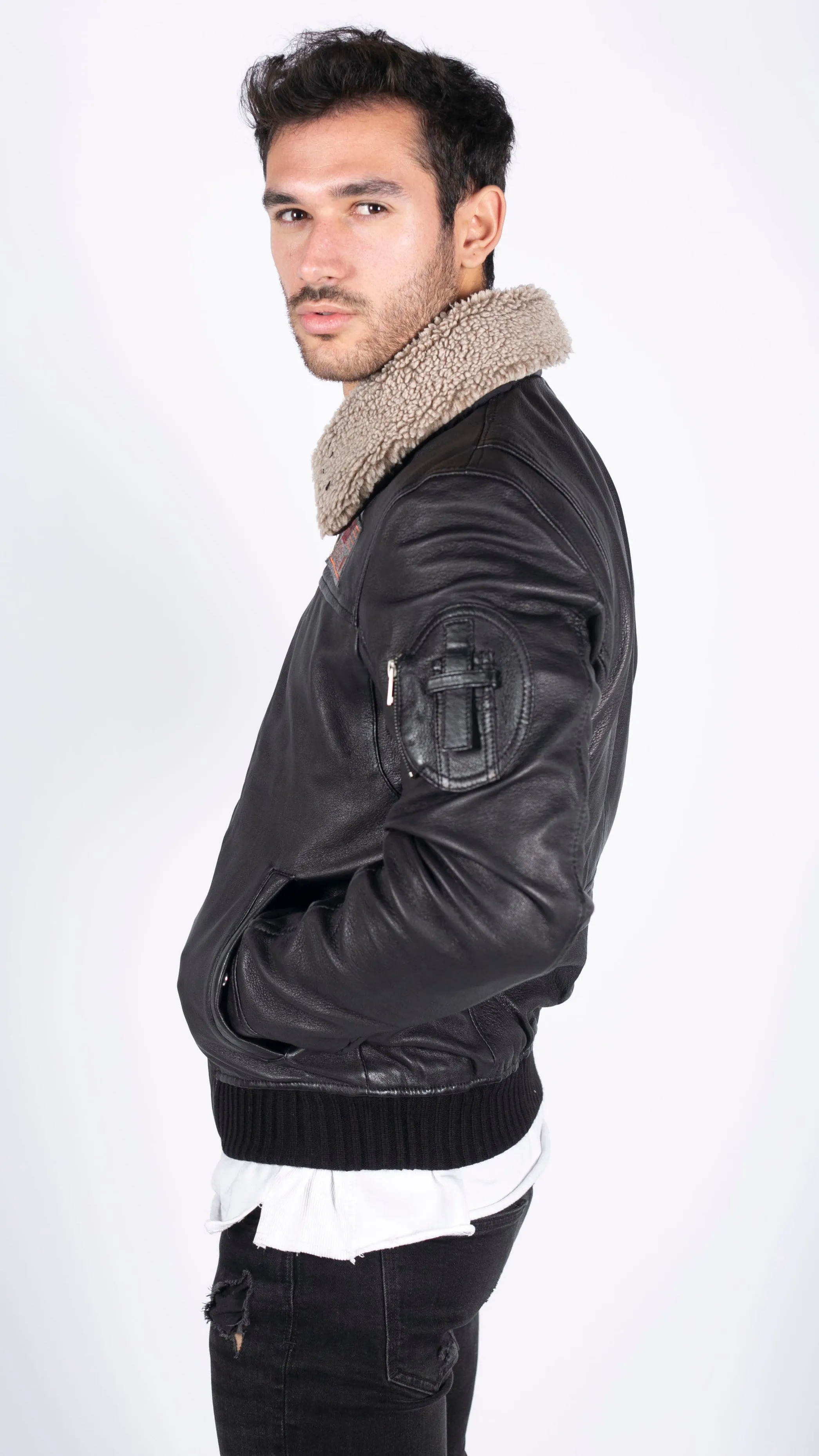 Leather Pilot Bomber Jacket With Collar