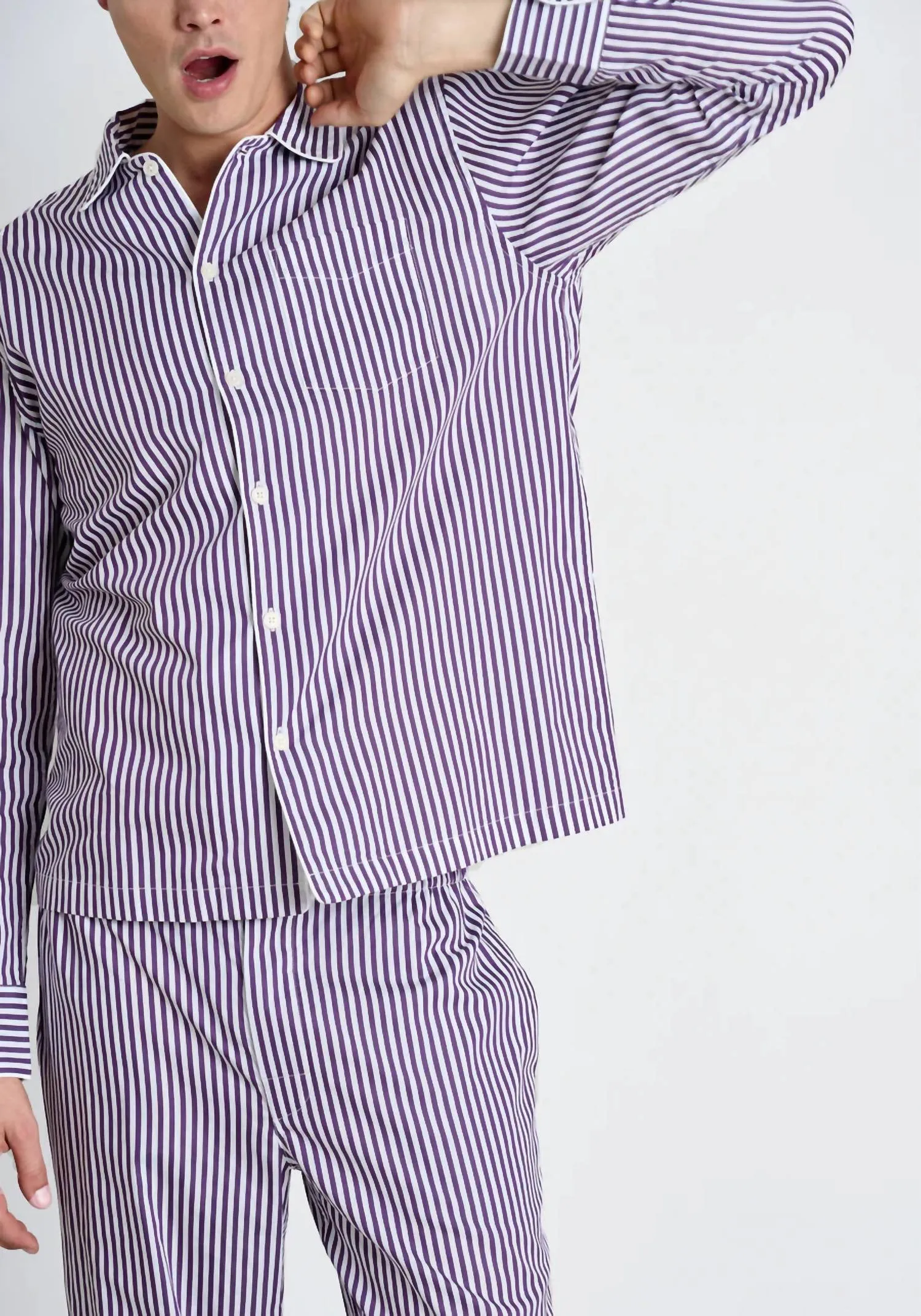 Men's Henry Pajama Set In Sateen Purple Stripe