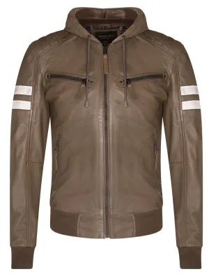 Mens Leather Hooded Retro Bomber Jacket - Skopje