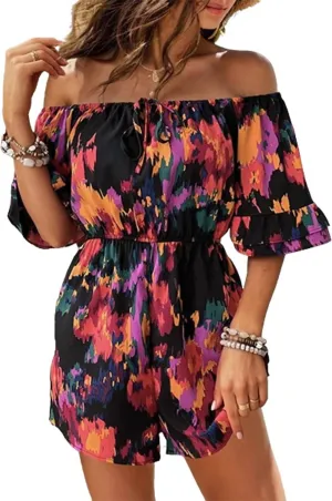 Off-Shoulder Printed Romper In Multi