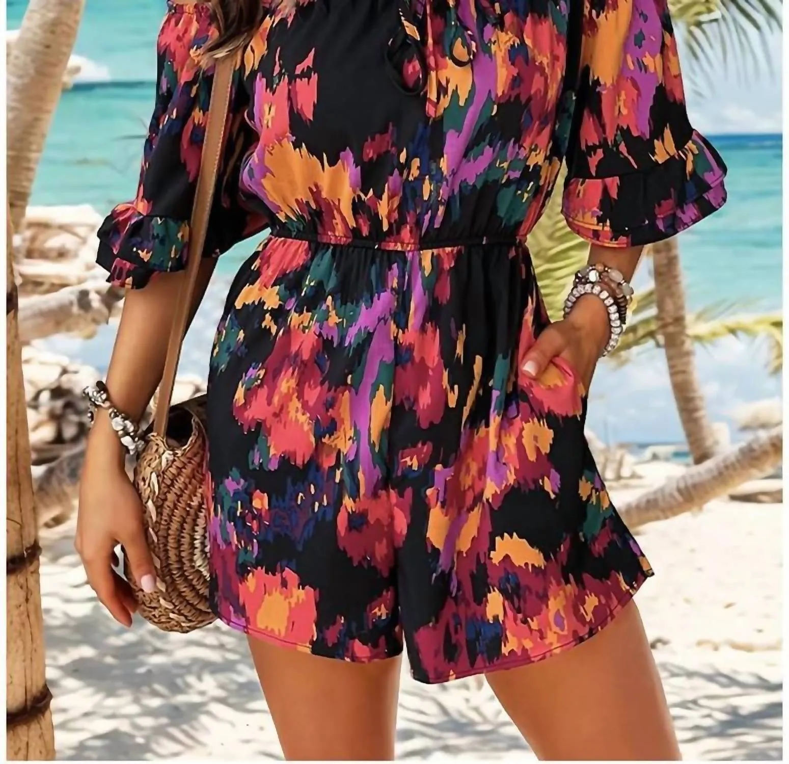 Off-Shoulder Printed Romper In Multi