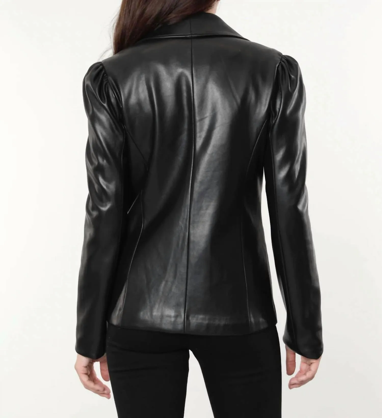 Puff Shoulder Vegan Leather Blazer In Black