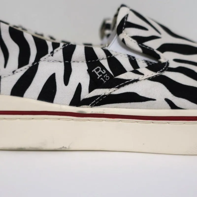 R13 Slip-On Sneakers White/Black Zebra Print Canvas Size 8 NEW