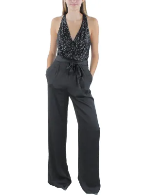 Rebekah Womens Silk Tie Front Jumpsuit