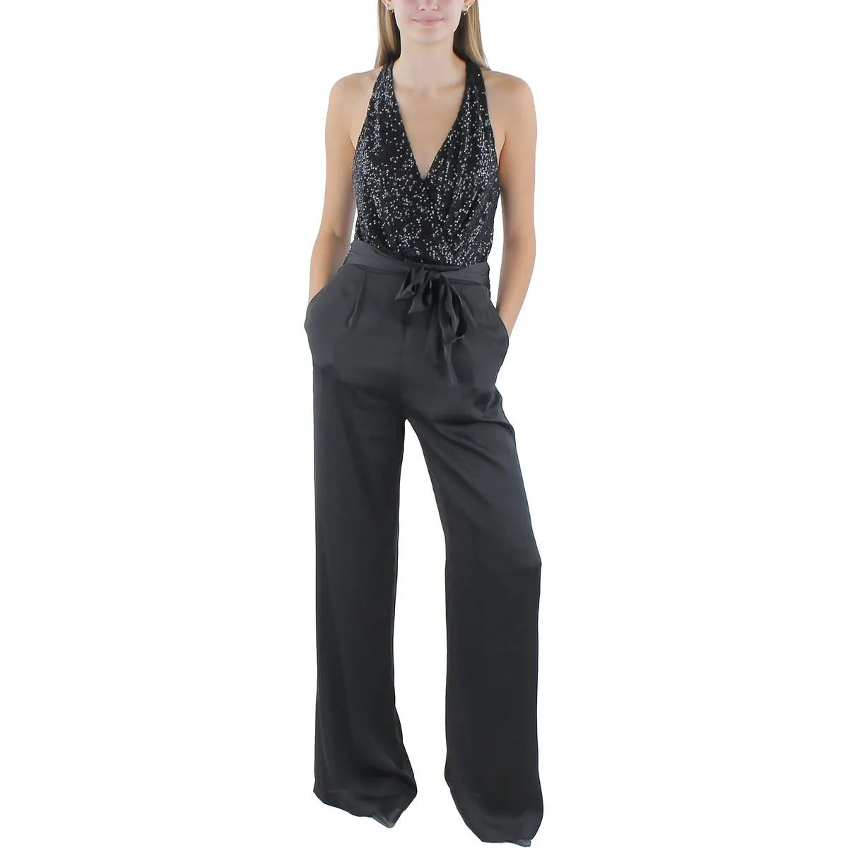 Rebekah Womens Silk Tie Front Jumpsuit