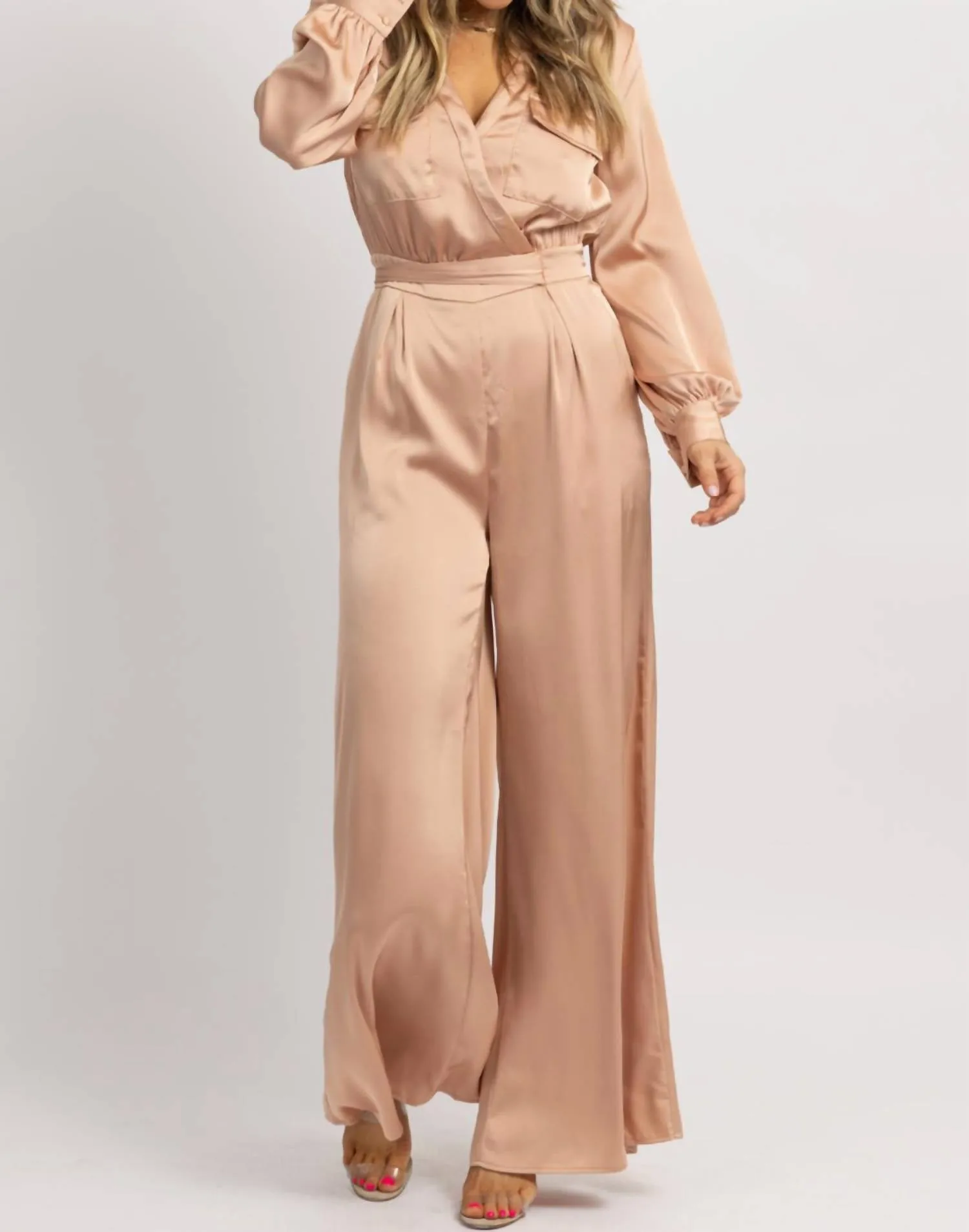 Satin Longsleeve Wide Leg Jumpsuit In Nude