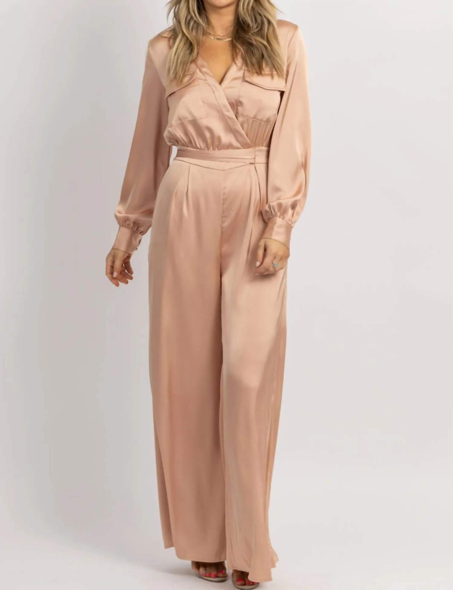 Satin Longsleeve Wide Leg Jumpsuit In Nude