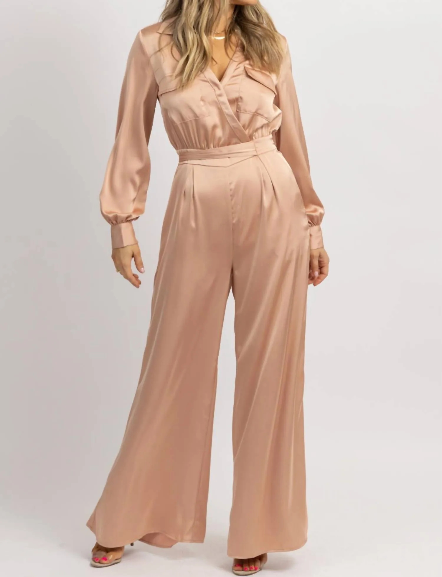 Satin Longsleeve Wide Leg Jumpsuit In Nude