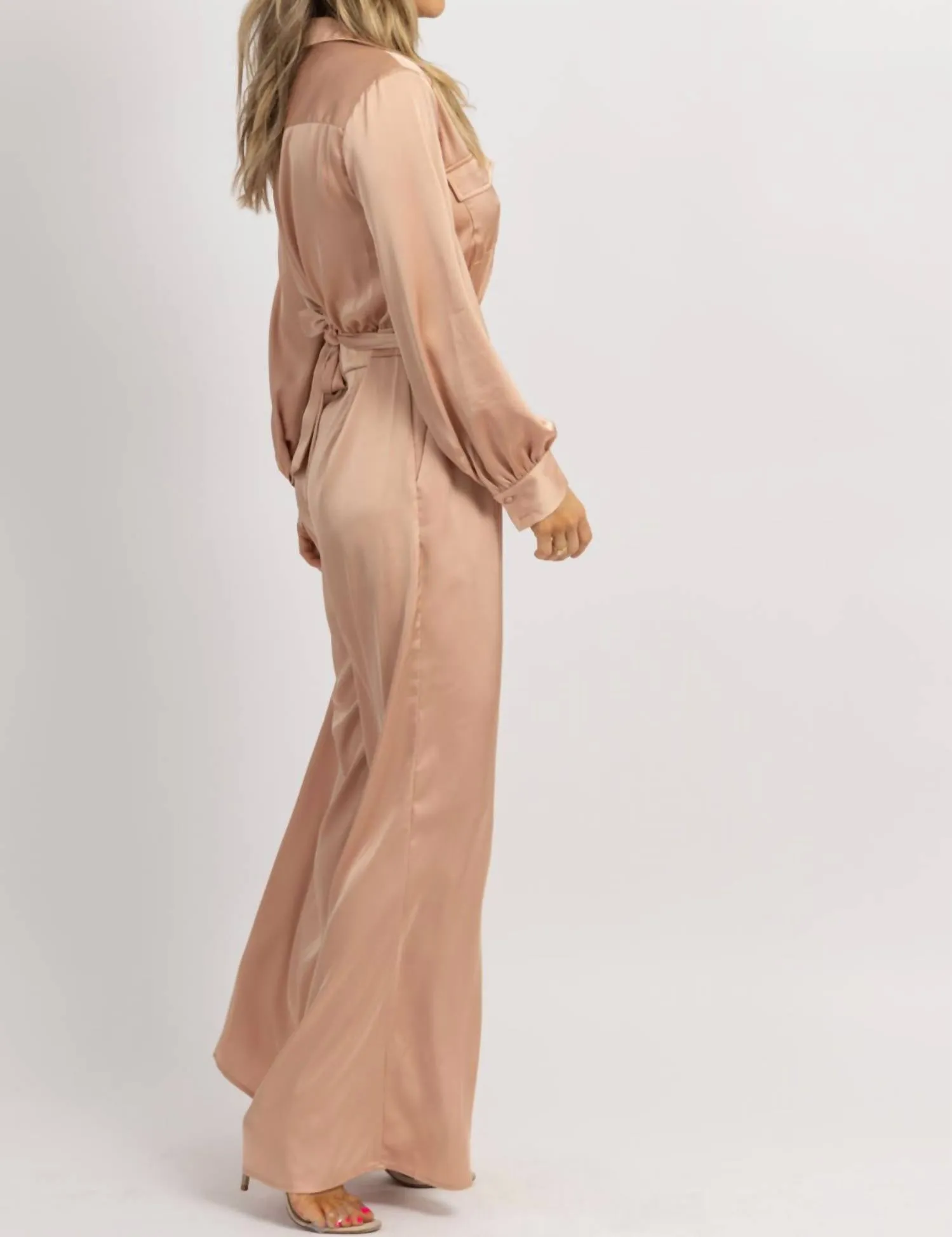 Satin Longsleeve Wide Leg Jumpsuit In Nude