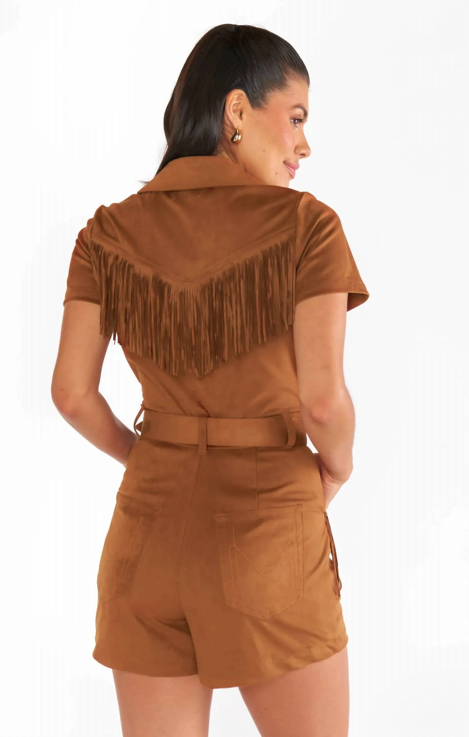 Tailgate Cowgirl Suede Romper In Brown