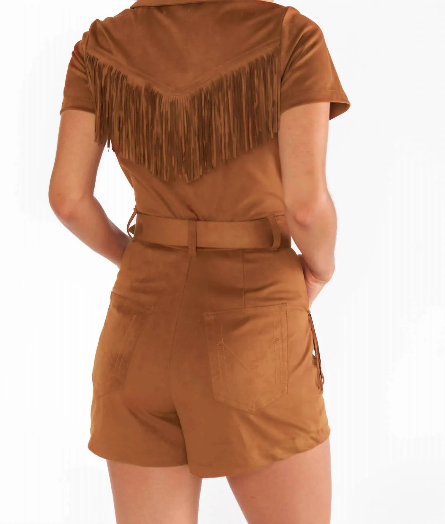 Tailgate Cowgirl Suede Romper In Brown
