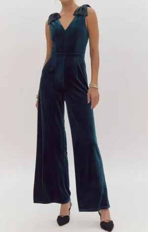 Velvet Sequin Bow Shoulder Jumpsuit In Emerald