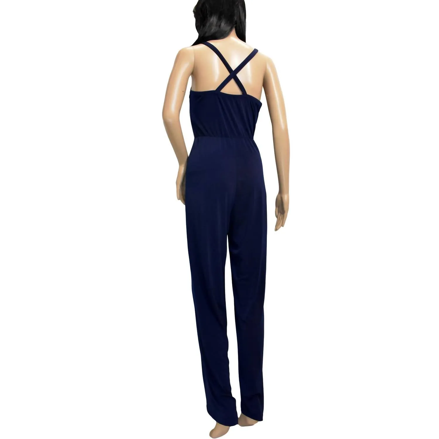 Women Ruffle Trim V-Neck Sleeveless Jumpsuit In Navy Blue
