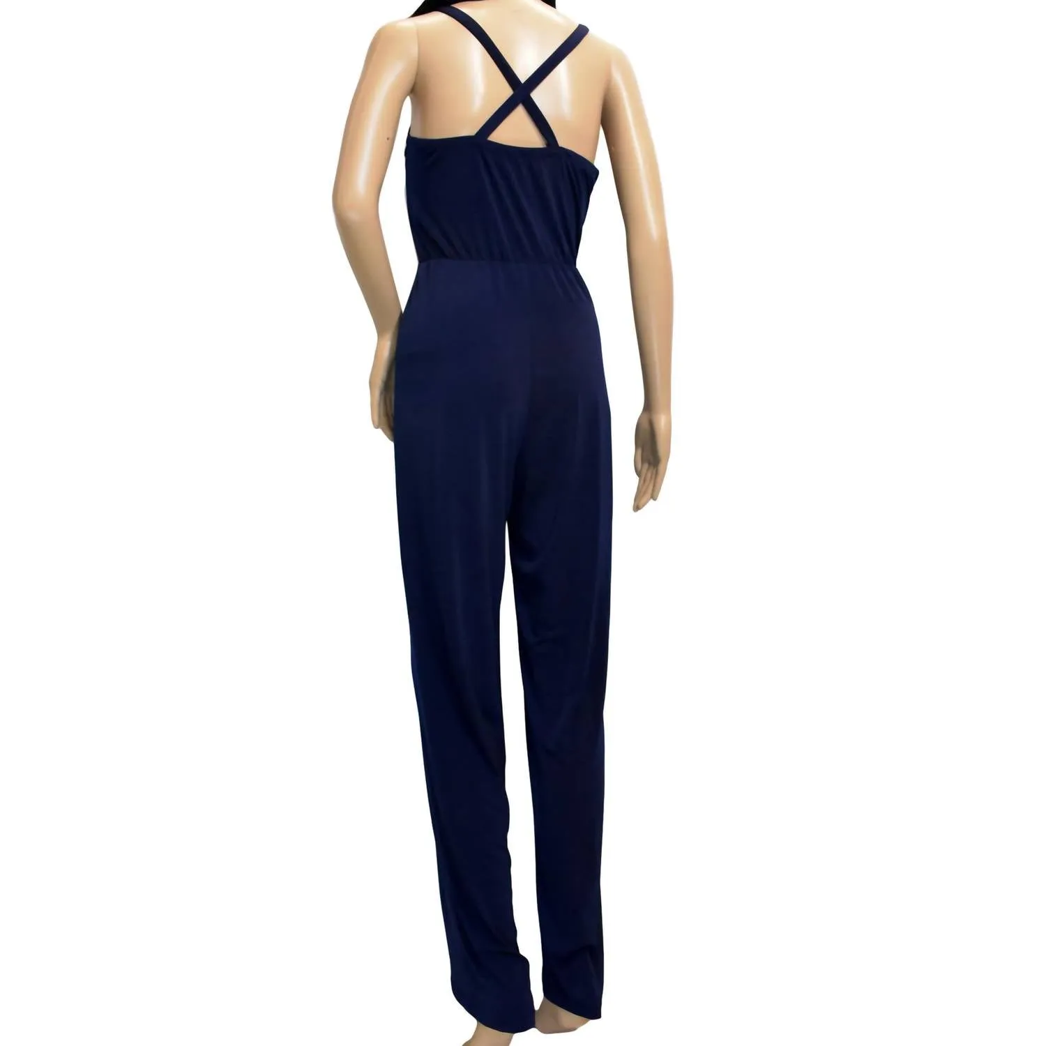 Women Ruffle Trim V-Neck Sleeveless Jumpsuit In Navy Blue