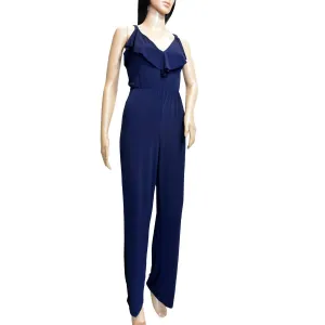Women Ruffle Trim V-Neck Sleeveless Jumpsuit In Navy Blue