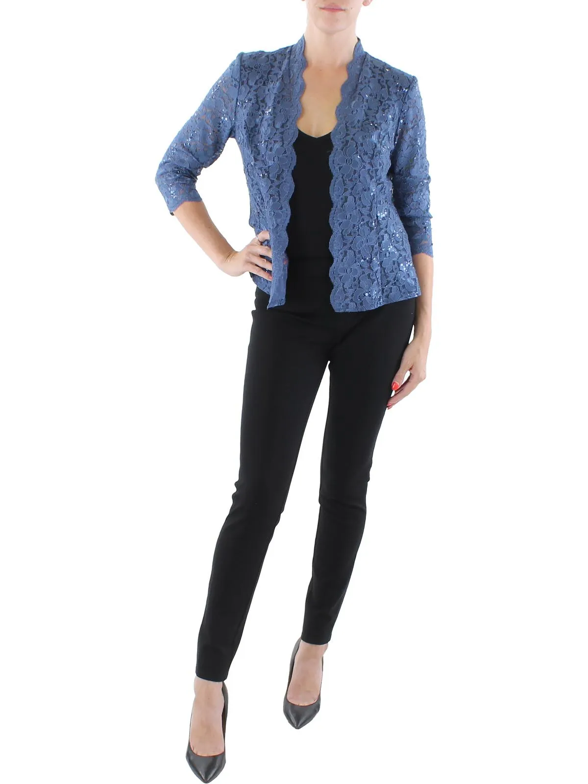 Womens Lace Open Front Collarless Blazer