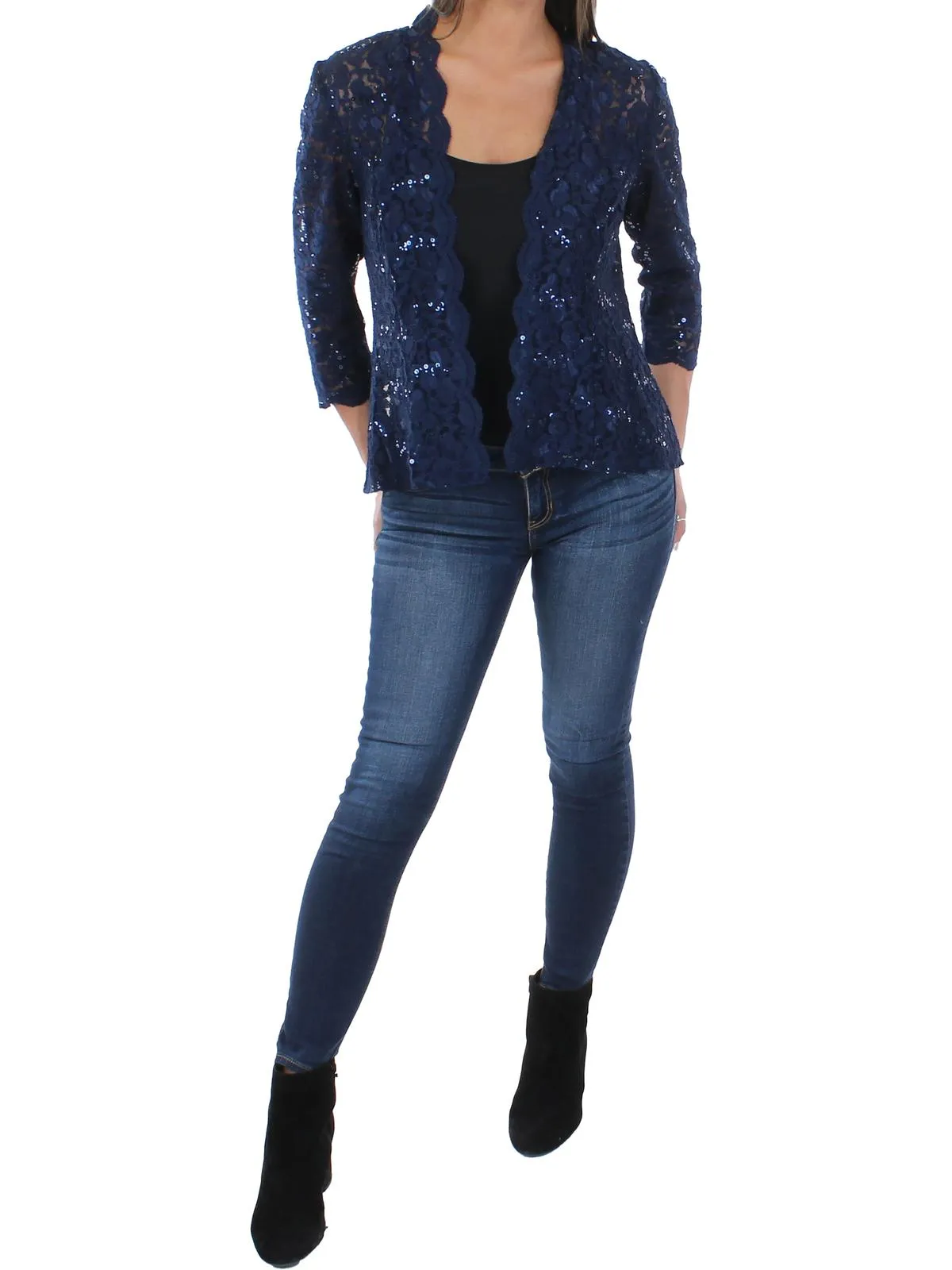 Womens Lace Open Front Collarless Blazer